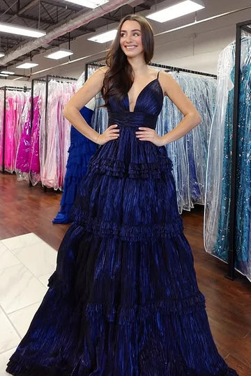 Royal Blue Satin A-Line V-Neck Ruffle Party Prom Dress